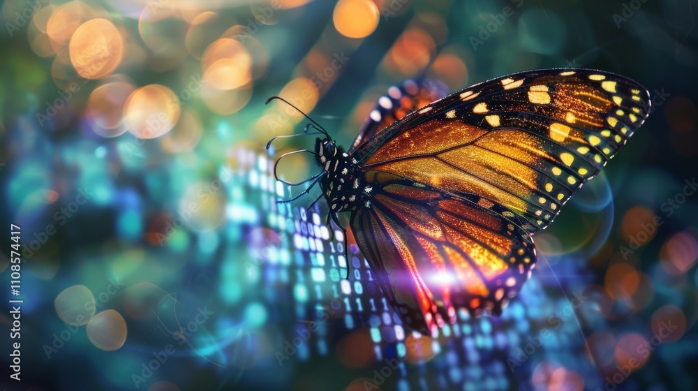 Poster a beautiful butterfly emerging from its co its wings adorned with intricate patterns of digital curr