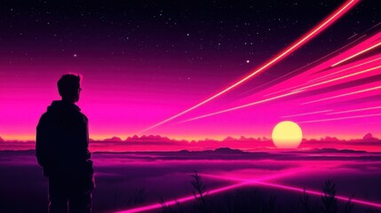 Fototapeta premium The scene features a futuristic blend of pink neon lights and a purple sky.