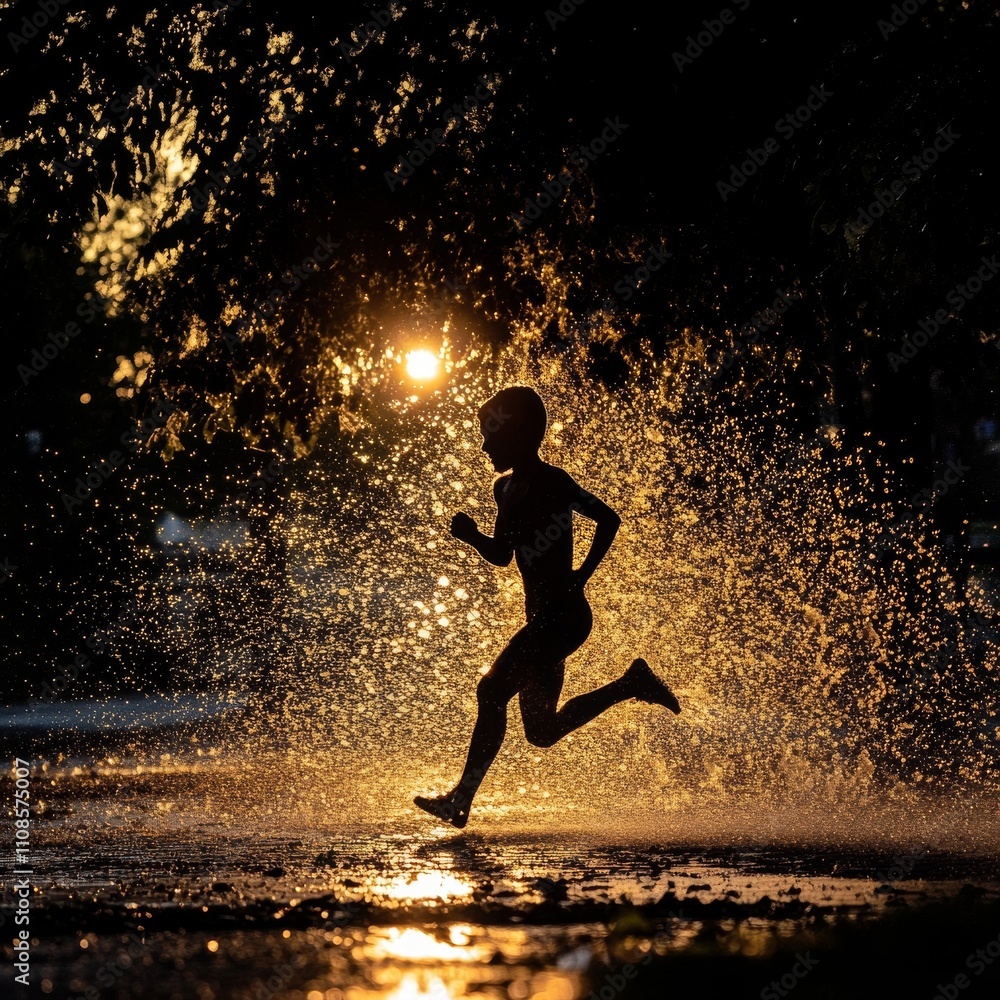 Aufkleber a boy is running in the rain. the water is splashing around him. the sun is setting in the backgroun