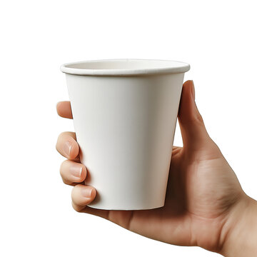 a hand holding a styro foam plastic coffee cup on a transparent background