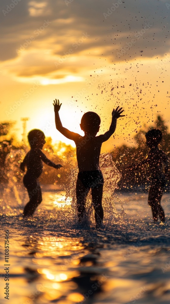 Poster three children are playing in the water, splashing each other and having fun. the scene is set again