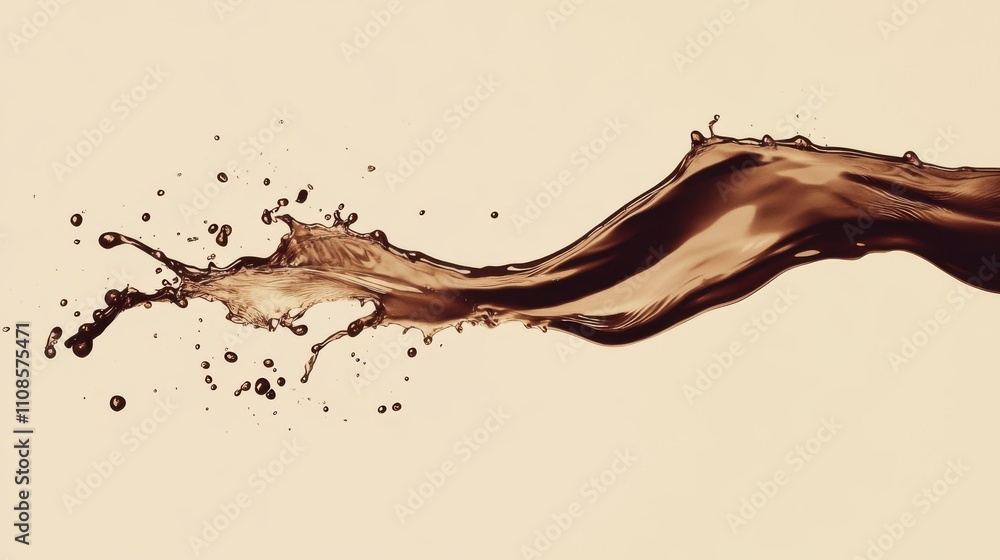 Poster a dynamic splash of dark liquid flows gracefully against a light background, capturing the motion an