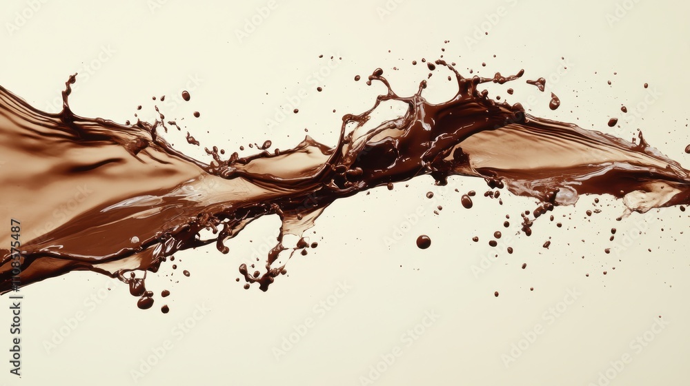 Poster a dynamic splash of chocolate liquid creating artistic waves and droplets against a neutral backgrou