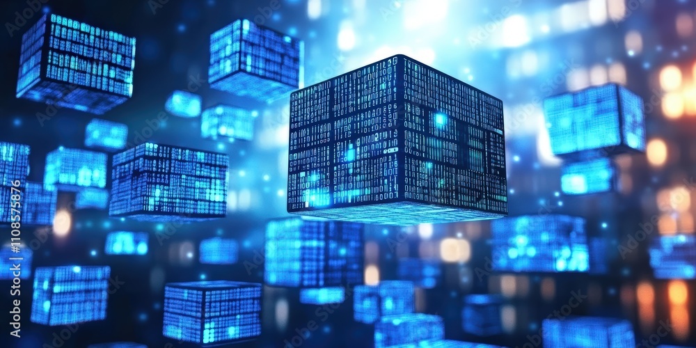 Poster digital 3d blocks of binary code floating in the air against a abstract background with glowing ligh