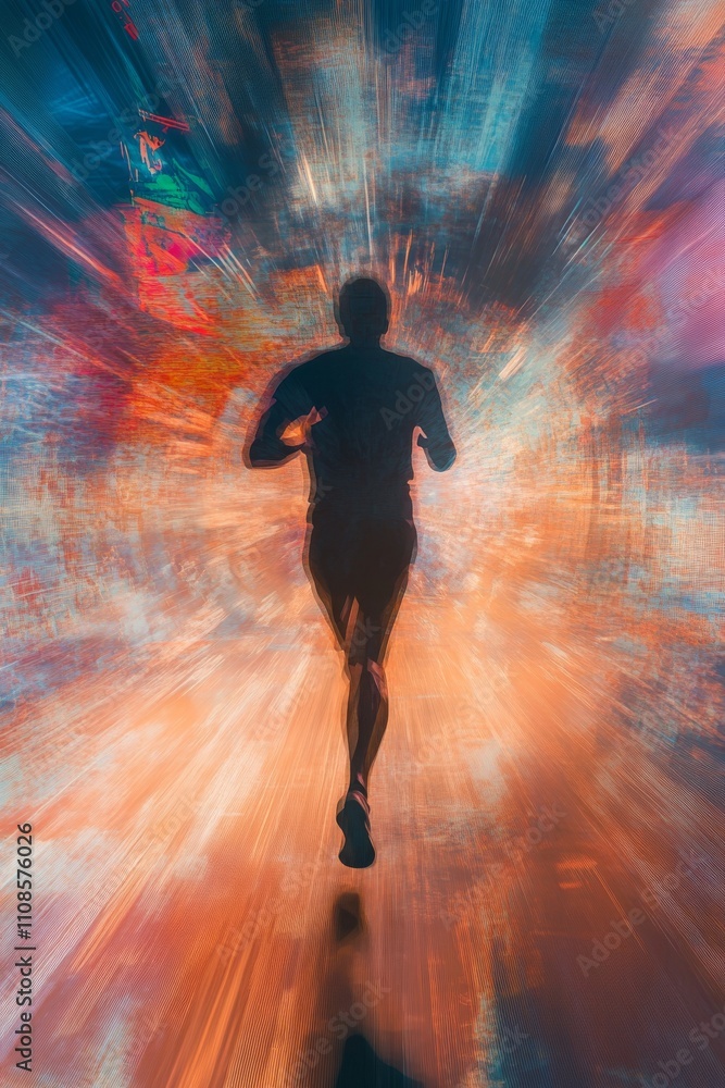 Poster runner moving through an abstract background, with bold text representing constant determination.