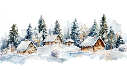 watercolor house with snow on nature background