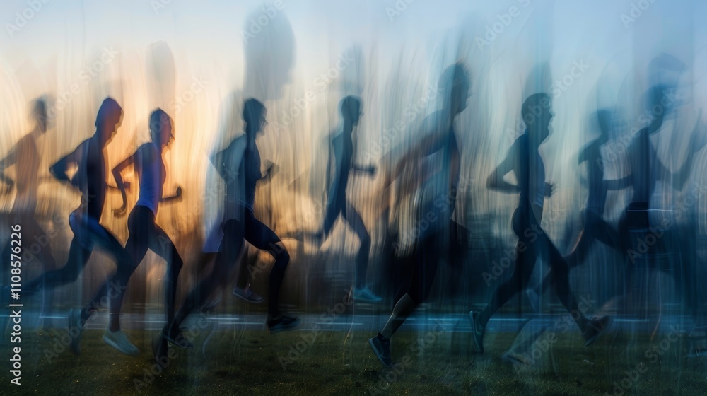 Poster the fuzzy outlines of runners working on their flexibility and strength before setting off on a jog.