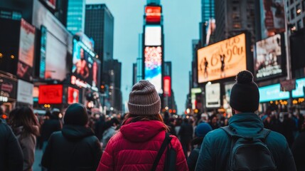 Crowd watching bright billboards times square urban scene evening perspective vibrant city life
