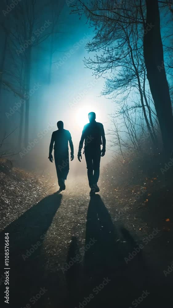 Poster two figures walking down a misty forest path during twilight while shadows stretch behind them