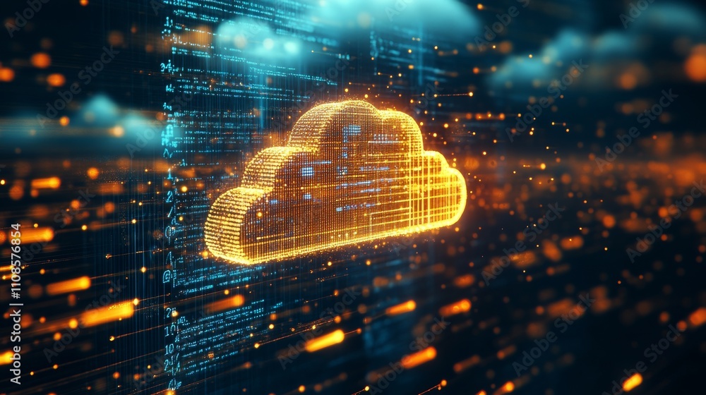 Poster futuristic technology background with cloud computing, digital data flow, and hologram display, feat