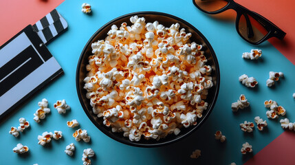 Vertical Bowl of Popcorn, 3D Glasses, and Clapperboard Arrangement