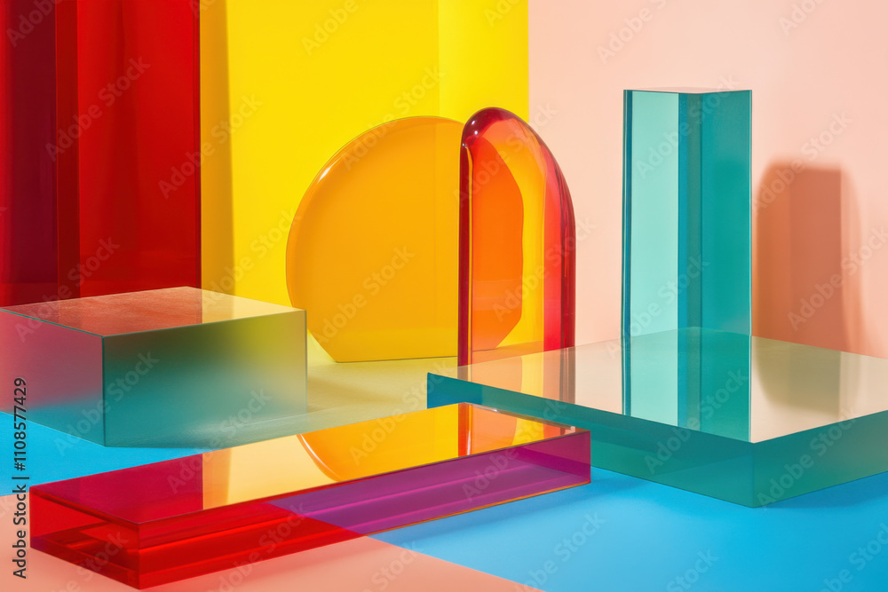Poster bright colorful abstract background made by transparent colored glass empty product display showcase