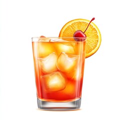 A vibrant glass of iced cocktail garnished with a slice of orange and a cherry, perfect for refreshing summer enjoyment.