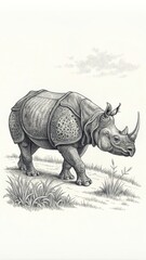 Fototapeta premium Vintage Illustration of Indian Rhinoceros Walking Through Grasslands. Generative AI