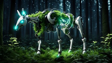 A hybrid animal with robotic enhancements, grazing in a biomechanical forest illuminated by glowing plants.