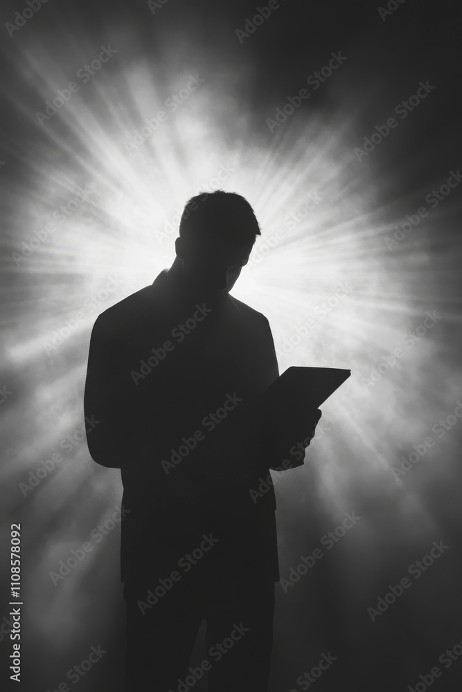 Poster a man is reading a book in a dimly lit room. the room is filled with smoke, creating a mysterious an