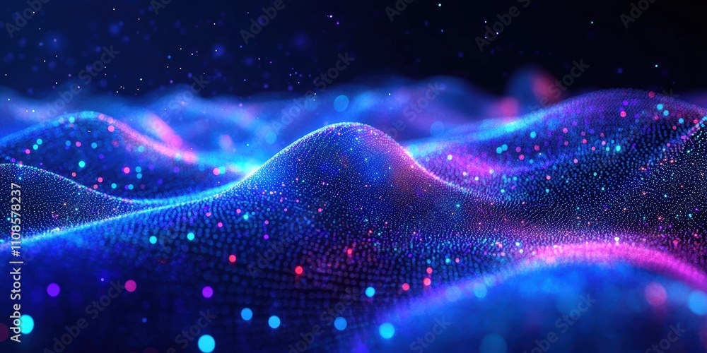 Poster Abstract 3D Render of a Futuristic Background with Glowing Particles Displaying a Dreamy Landscape in Vibrant Colors and Soft Curves