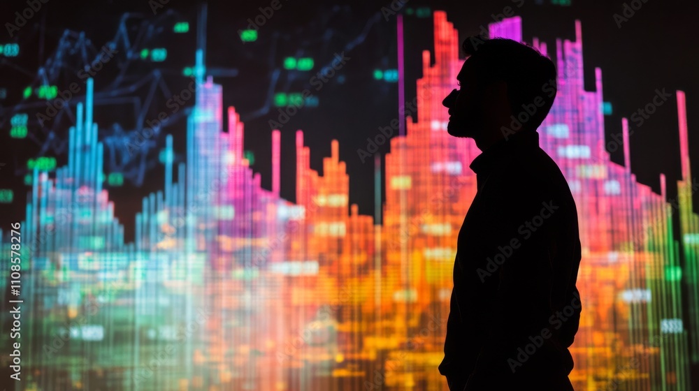Poster a man is standing in front of a colorful graph. the graph is made up of many different colored lines