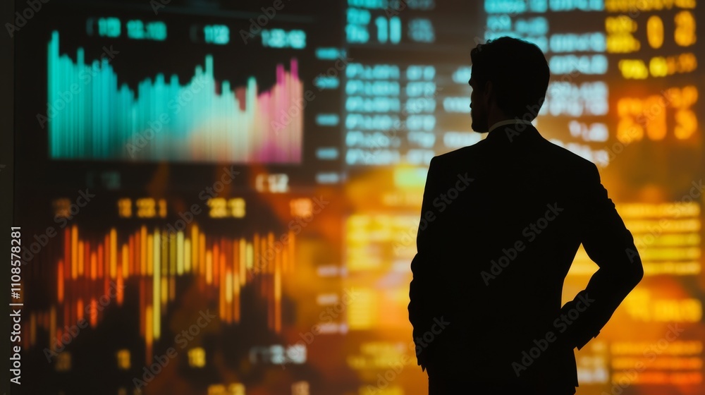 Poster a man is standing in front of a projection screen with a lot of numbers and graphs. he is looking at