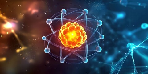Obraz premium Detailed 3D Rendering of an Atom Displaying Protons, Neutrons, and Electrons in a Colorful Sci-Fi Style Background with Abstract Patterns