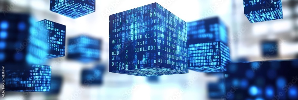 Poster 3d rendering of blue cubes featuring binary code and digital elements for technology, data, and inno