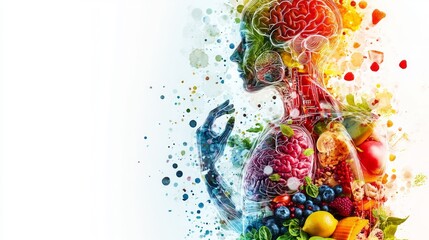 Colorful human figure with internal organs replaced by healthy food, fruits, and vegetables.