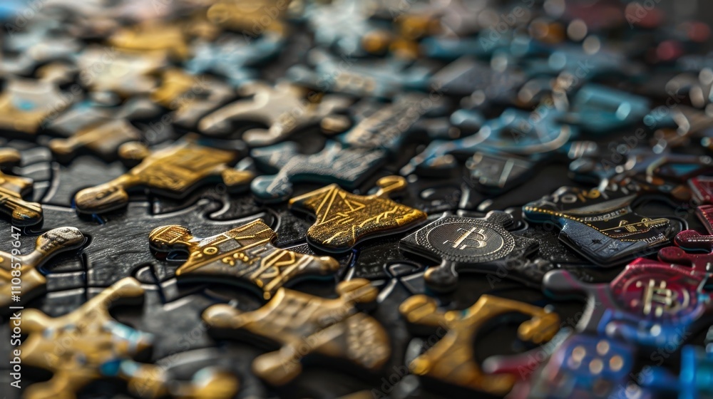 Poster a puzzle of digital currency logos where success lies in understanding the intricacies and patterns 