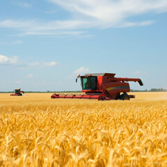 Fototapeta premium A tractor harvesting golden wheat in a field