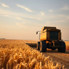Fototapeta premium A tractor harvesting golden wheat in a vast field.