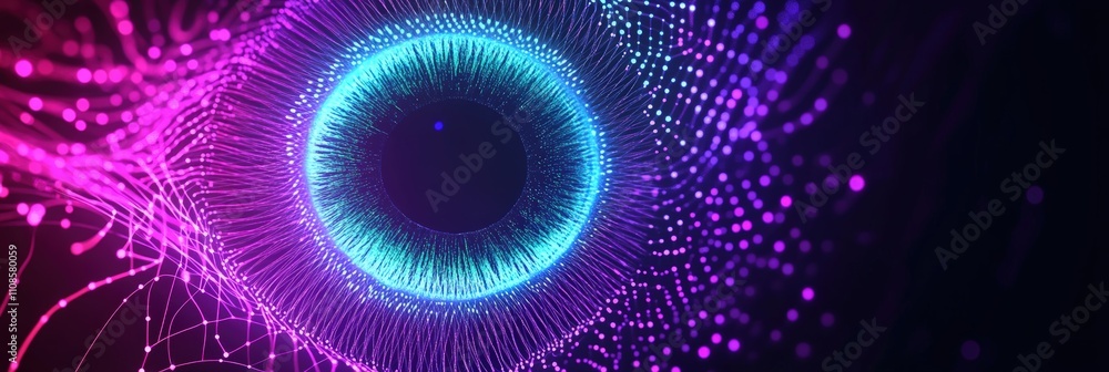 Poster abstract circular pattern of glowing lines creating unique forms in vibrant colors with a futuristic
