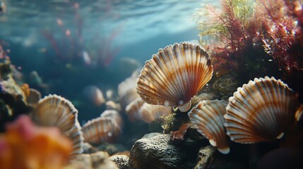 Obraz premium Colorful marine life with scallop shells in a vibrant underwater scene.