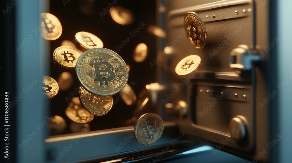 Poster golden coins with bitcoin symbol falling from an open safe in a virtual currency concept. generative