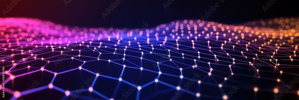 Poster dark background with colorful hexagons in the foreground featuring glowing lights and a vibrant colo
