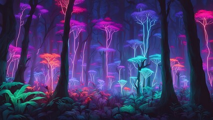 A neon-lit forest filled with bioengineered plants emitting multicolor lights, creating an ethereal ambiance.