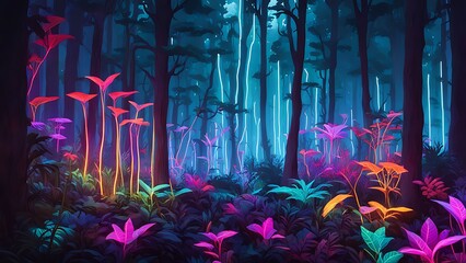 A neon-lit forest filled with bioengineered plants emitting multicolor lights, creating an ethereal ambiance.