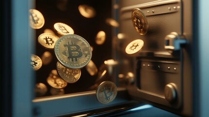 Golden Coins With Bitcoin Symbol Falling From an Open Safe in a Virtual Currency Concept. Generative AI