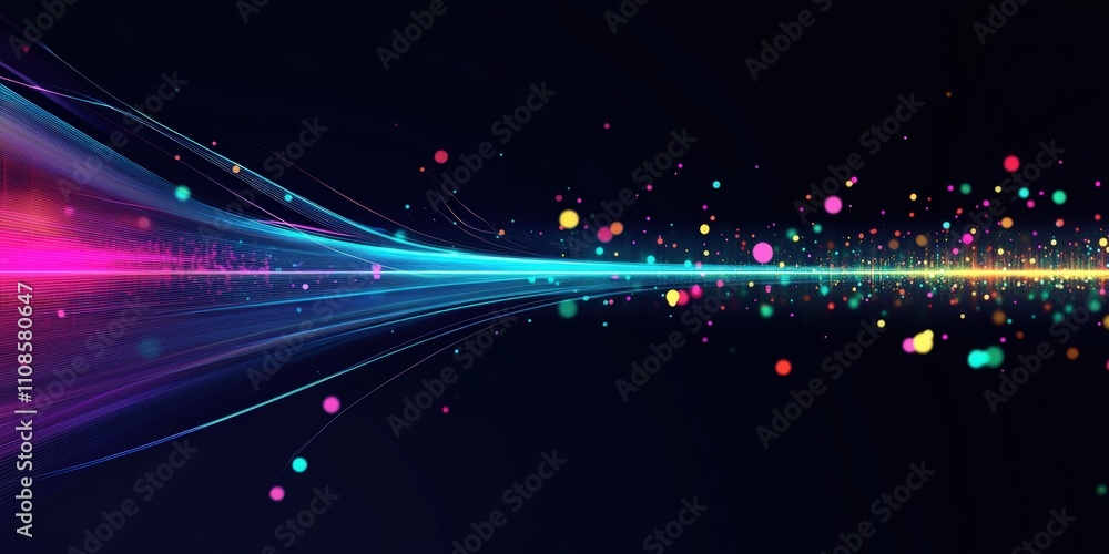 Poster colorful light beams with dark background and vibrant dots creating a dynamic abstract pattern in a 