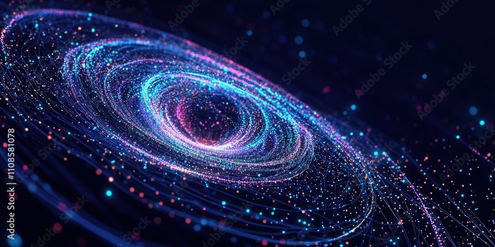 Poster colorful data visualization with dark blue background featuring swirling patterns and dynamic light 
