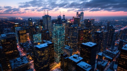 Fototapeta premium A modern cityscape at dusk, illuminated by glowing digital grids and lights, highlighting the interplay of internet infrastructure and urban life
