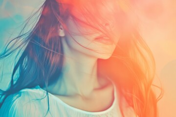 Naklejka premium A woman with long hair and a white shirt. She has a red nose