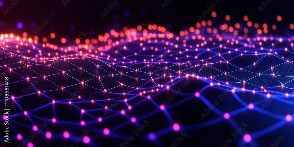 Poster abstract digital art representation featuring hexagonal patterns and vibrant nodes in a colorful mes