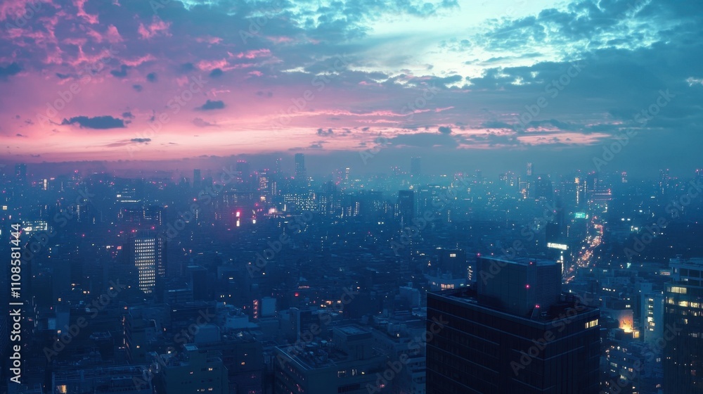 Poster a panoramic city view at dusk with dynamic digital overlays, representing the fusion of cloud techno