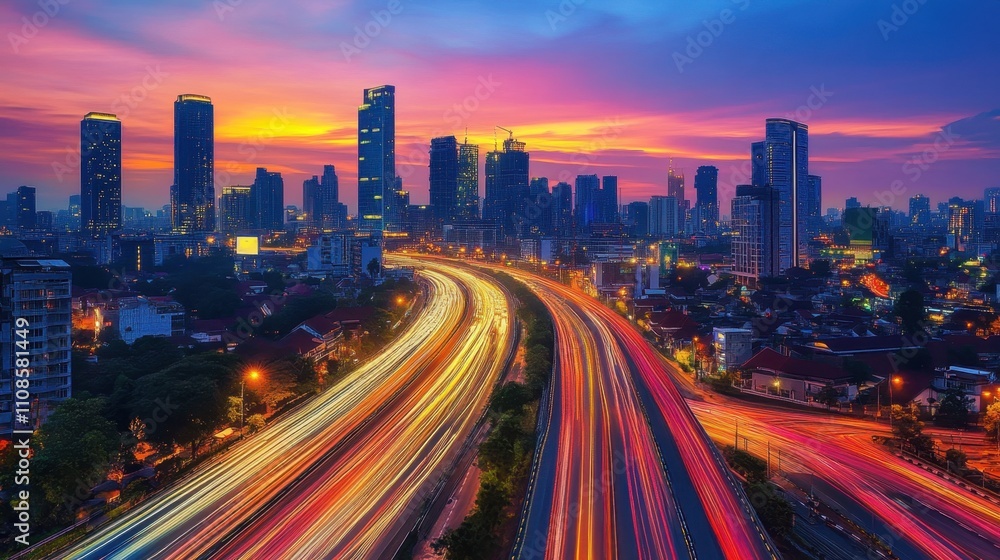 Poster a panoramic city view at dusk with dynamic digital overlays, representing the fusion of cloud techno