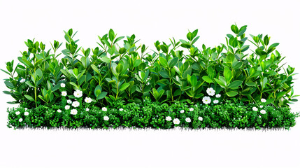 Obraz premium A cutout green hedge with a flower bed, designed for garden landscaping. Flowering shrubs and green plants, with a decorative boxwood hedge. High-quality clipping mask.