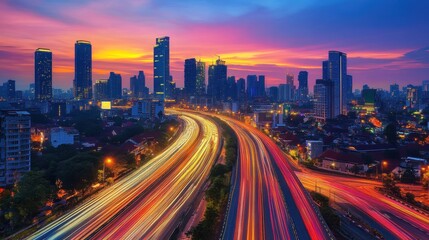 Fototapeta premium A panoramic city view at dusk with dynamic digital overlays, representing the fusion of cloud technology and urban internet infrastructure