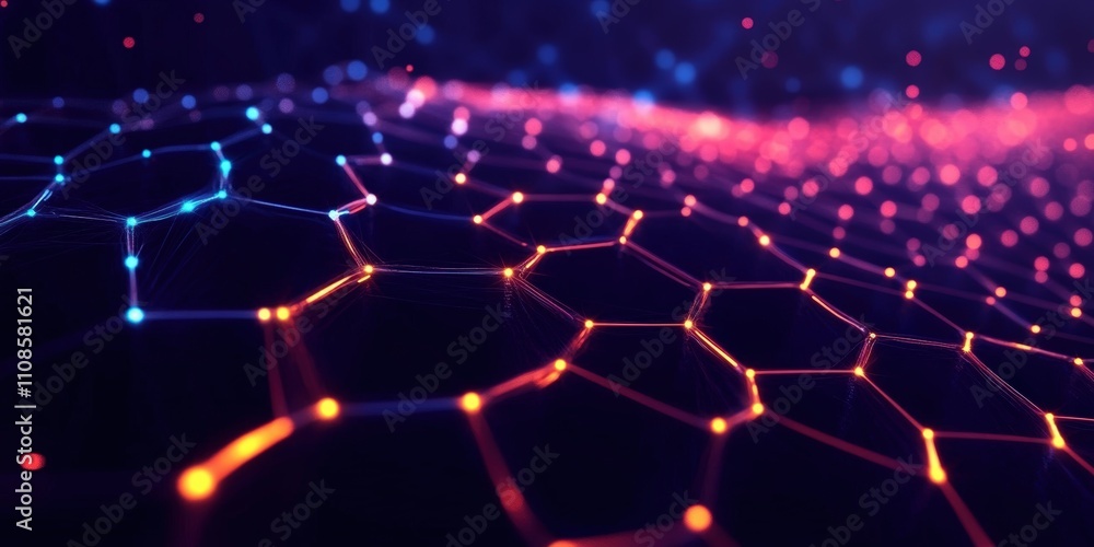 Poster digital representation of a vibrant honeycomb pattern featuring glowing nodes and interconnected lin