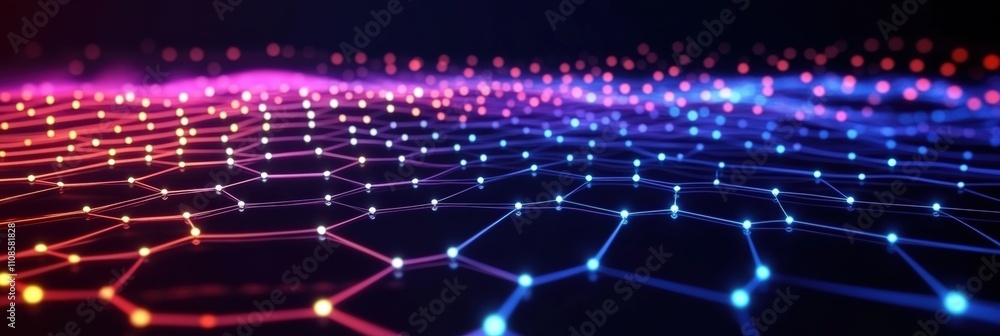 Poster futuristic digital abstract background showing colorful hexagonal patterns with glowing points in pu