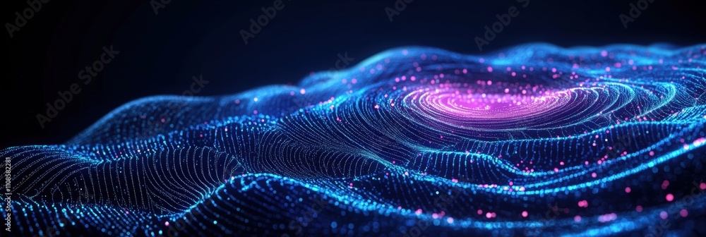 Poster glowing digital swirl of intricate data points creating a vivid and mesmerizing visual experience in