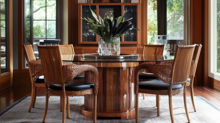 Fototapeta premium Exquisite Dining Room with Round Glass Table and Wicker Chairs