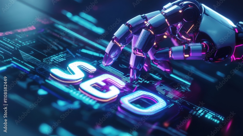 Poster a robotic hand with glowing edges interacts with an seo icon on a holographic interface, surrounded 